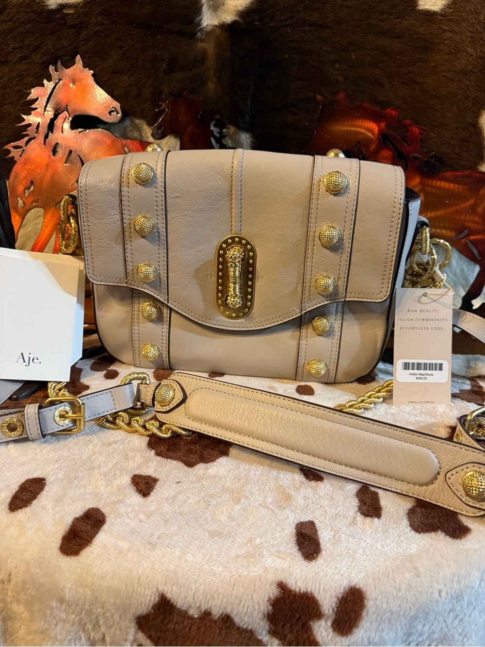 Aje Taupe Leather Crossbody Bag with Gold Studs